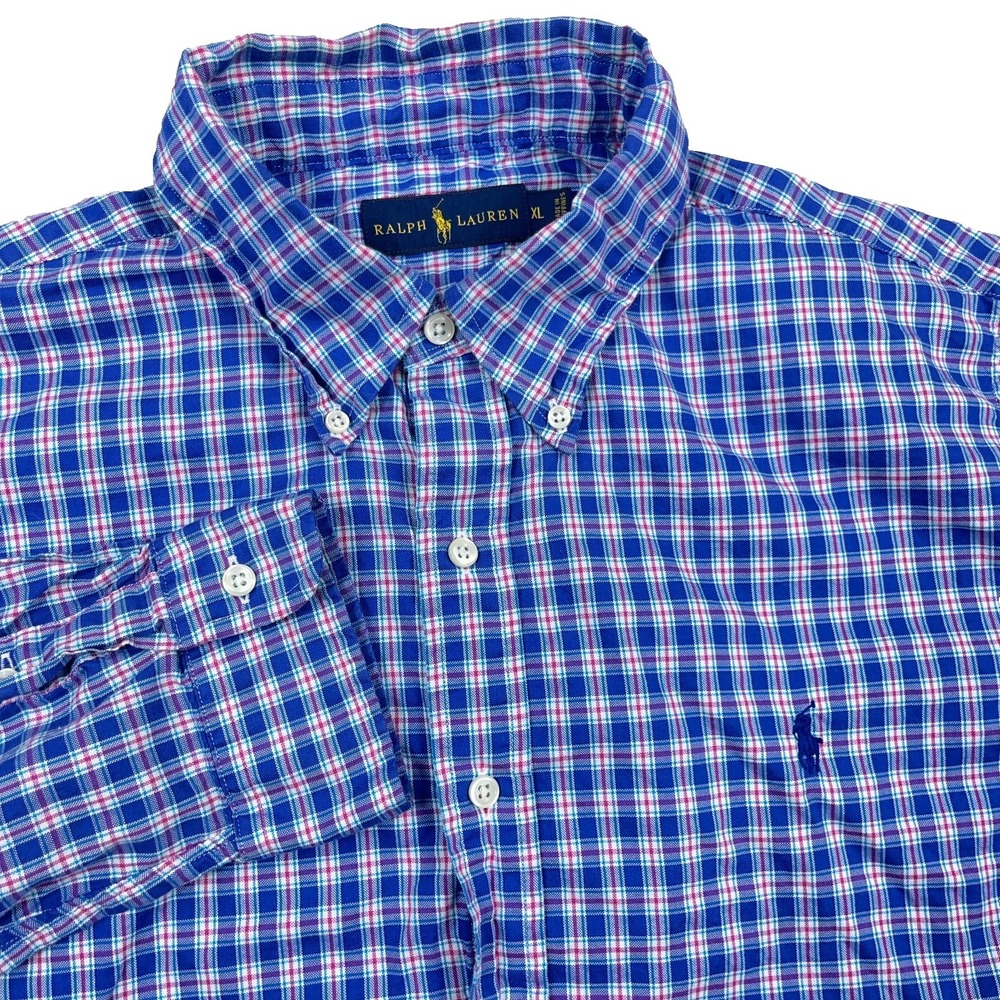 Ralph Lauren Oxford Shirt Men XL Blue Plaid Button Up Dress Lightweight OCBD